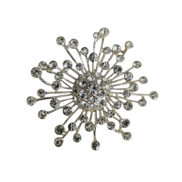 Vintage Silver-Tone Rhinestone Burst Brooch – 3” Statement Pin - Picture 2 of 3